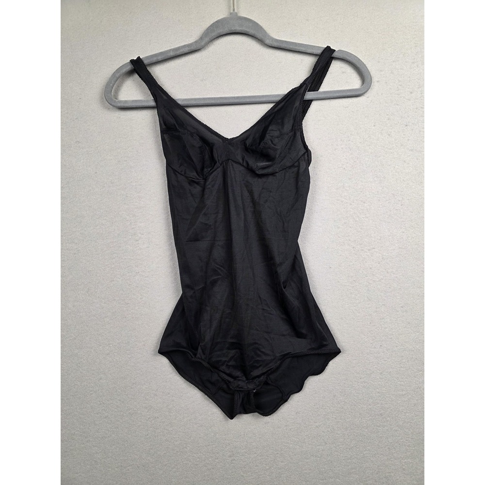 Vintage Bodysuit Womens A Fits 32-36 Black Nylon Snap Crotch Lingerie USA Union